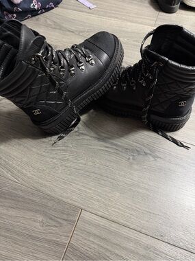CHANEL Black Leather Quilted Lace-Up Ankle Boots